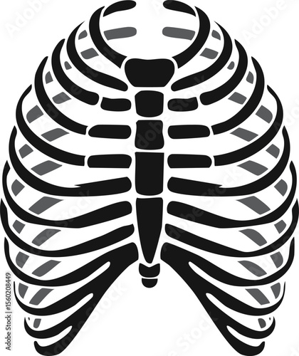 A stylized, graphic illustration of a human rib cage, including the sternum and clavicle.