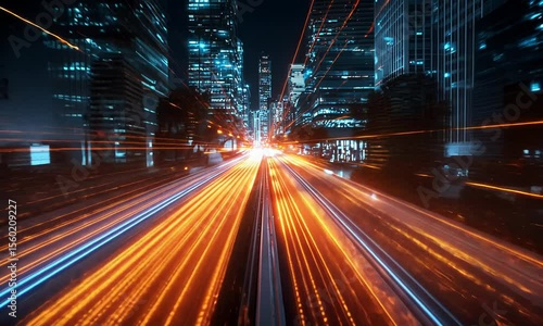 City street at night with light trails and digital overlay