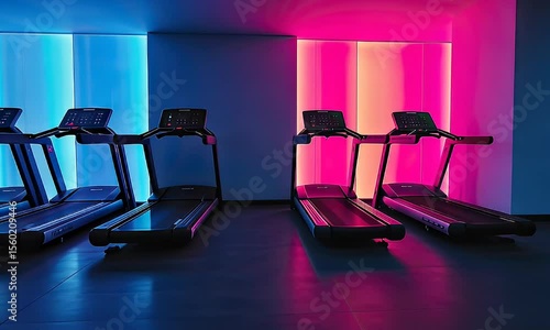 Modern gym with colorful LED lighting and treadmills