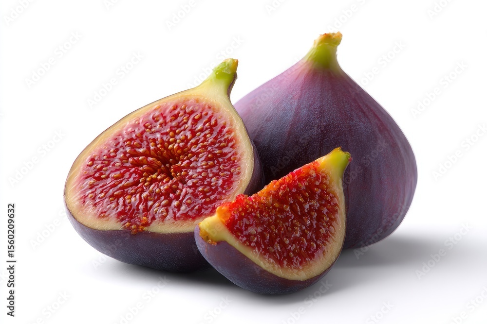 Three figs one whole one halved and one quartered revealing a seedy dark red interior Three figs one whole one halved and one quartered revealing a seedy dark red interior