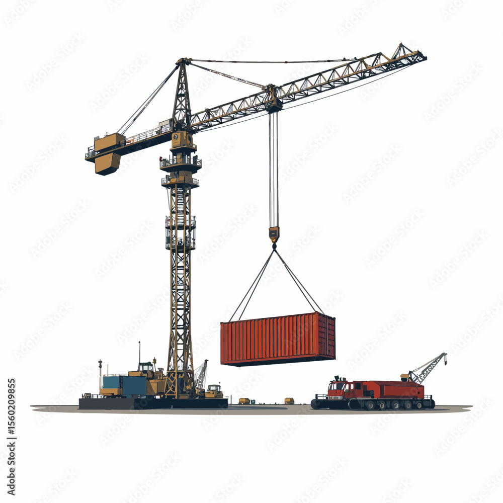Construction crane lifting shipping container on white background Construction crane lifting shipping container on white background
