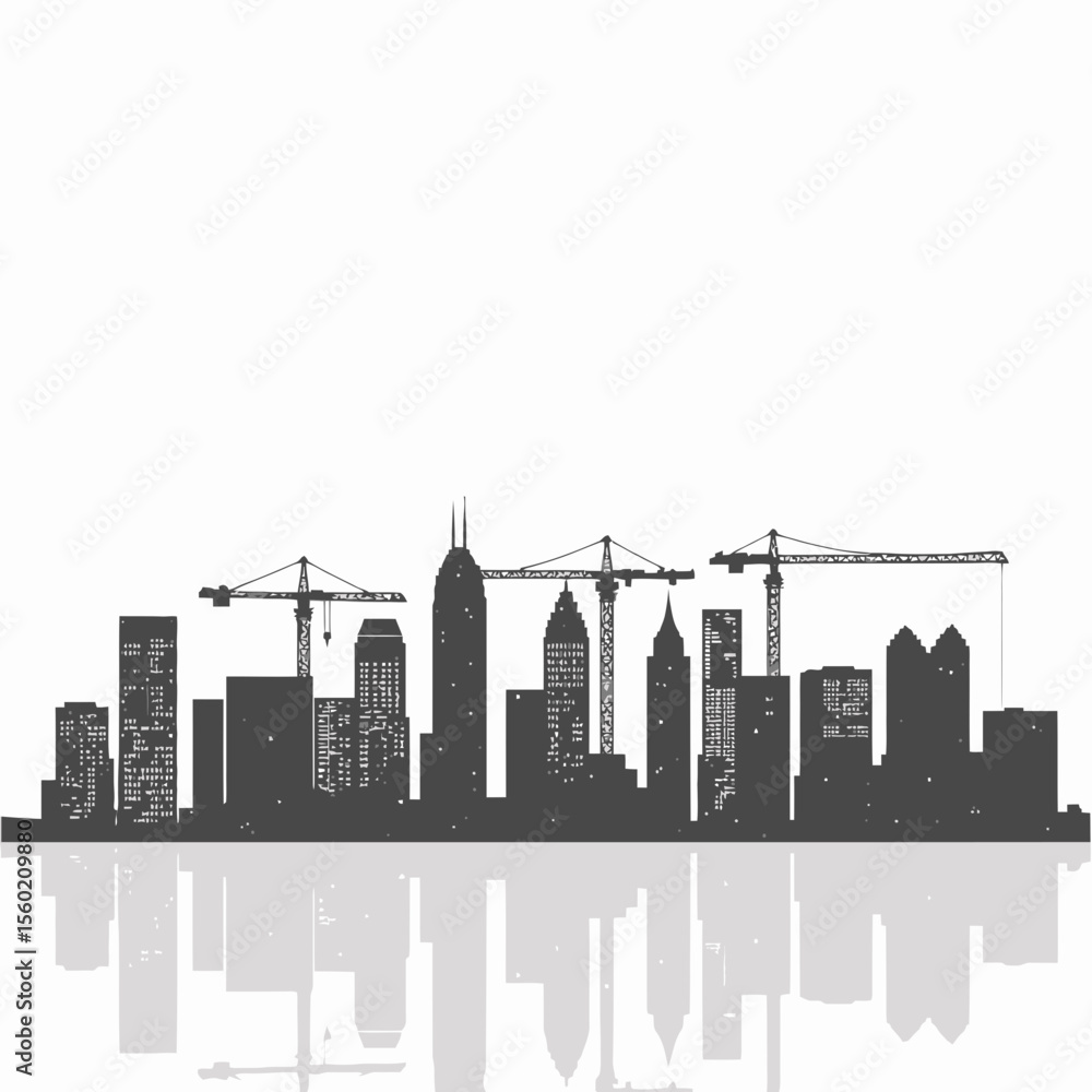 Obraz premium City skyline silhouette with construction cranes and reflections