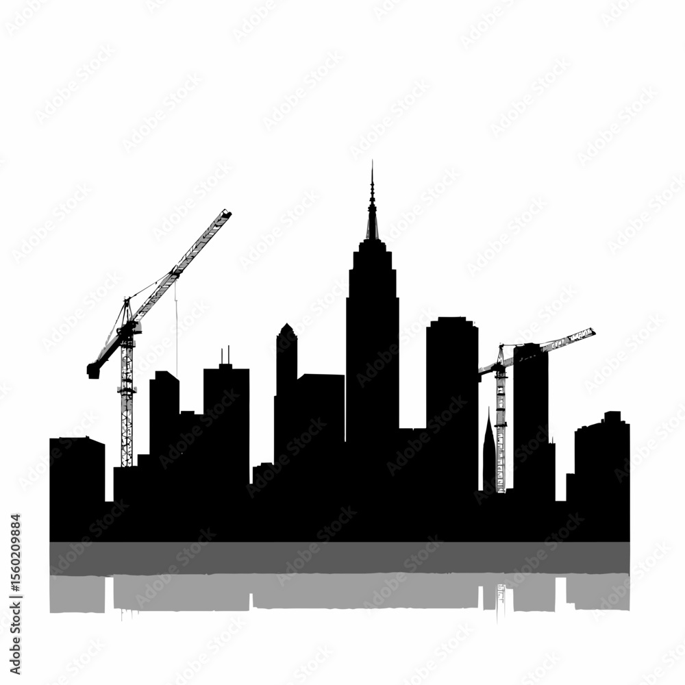 Obraz premium Urban skyline silhouette with construction cranes against white background 