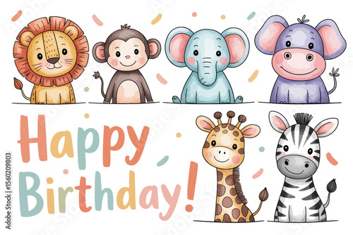 Happy birthday with cute animals cartoon illustration for kids party invitation and greeting card design