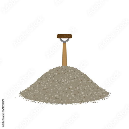Shovel inserted into a mound of dirt on white background  