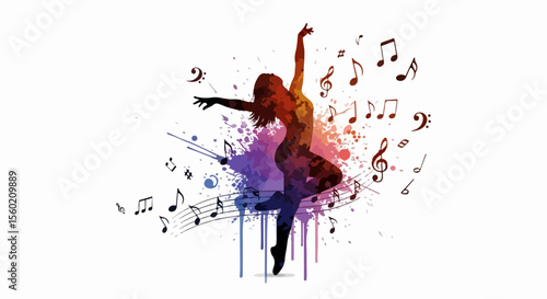 Watercolor Dancer Silhouette with Music Splash