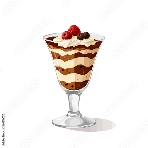 Chocolate mousse dessert with whipped cream and berries in glass  