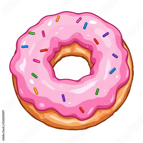 Pink frosted donut with sprinkles on a white background  