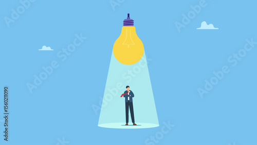 Smart businessman thinking under inspired bright light bulb. Symbolizes thinking about idea, solution to solve problem or brainstorm, innovation, creativity or imagination for business success.