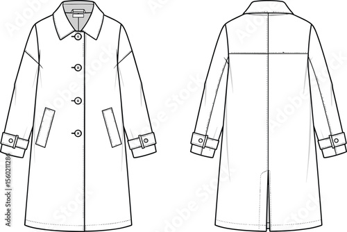 Trench coat vector illustration, front and back technical sketch, flat fashion cad drawing, outerwear template, minimalist design, coat outline