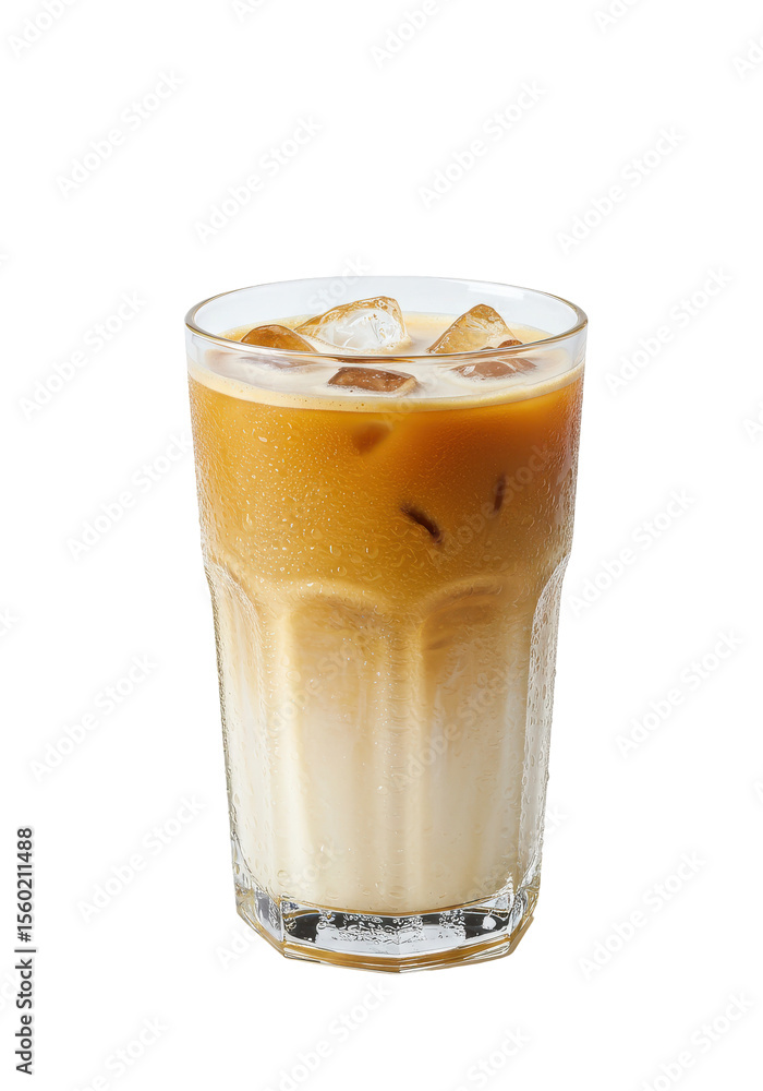 Refreshing iced coffee in a tall glass with ice cubes and creamy layers Refreshing iced coffee in a tall glass with ice cubes and creamy layers