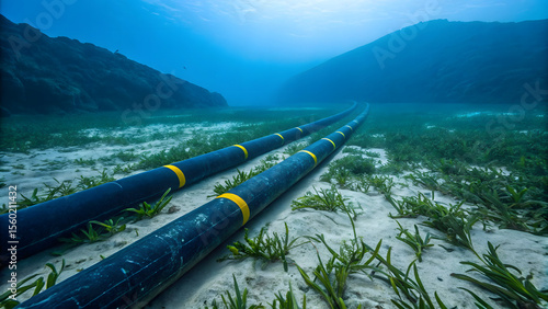 Underwater communication cables laid on sandy seabed with seagrass and distant hills.