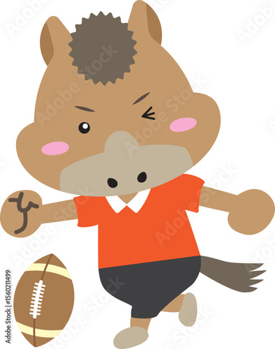 ラグビーボールを蹴る馬のキャラクター（午年スポーツ素材）
