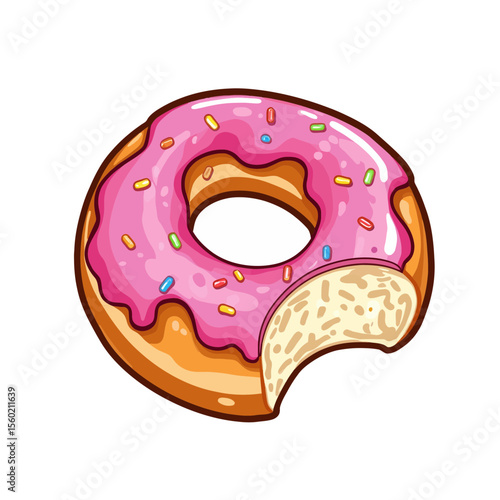 Colorful donut with pink icing and sprinkles, partially eaten  