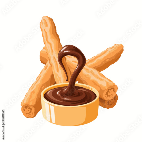 Churros with chocolate sauce on white background  