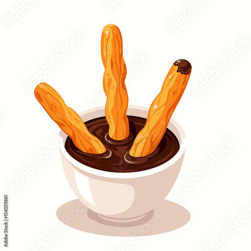 Churros dipped in chocolate sauce in a white bowl  