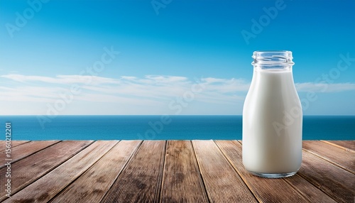 Wallpaper Mural glass bottle of milk on wooden table against clear blue sky and sea background Torontodigital.ca