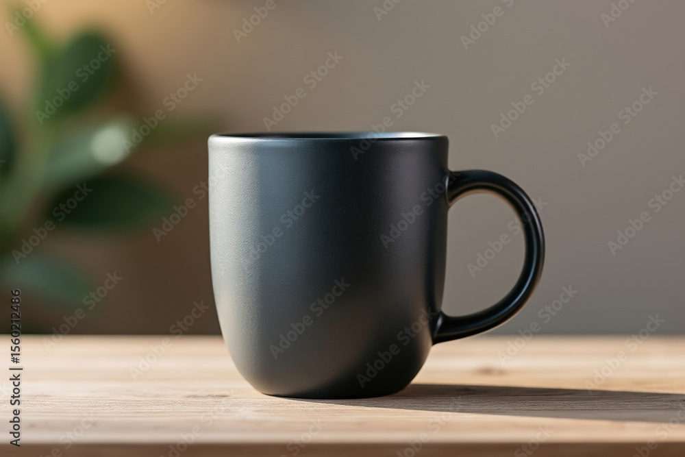 Matte Black Ceramic Mug on Wooden Table with Soft Background, Coffee or Tea Cup for Daily Use Matte Black Ceramic Mug on Wooden Table with Soft Background, Coffee or Tea Cup for Daily Use