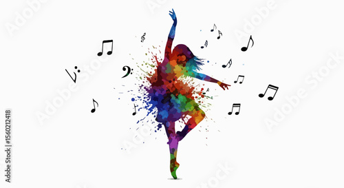 A silhouette of a dancer in motion surrounded by watercolor splashes and floating music notes