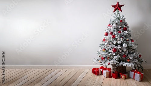 Wallpaper Mural a flocked christmas tree adorned with red and silver ornaments a red star topper and a snowy base sits against a white wall and wooden floor Torontodigital.ca