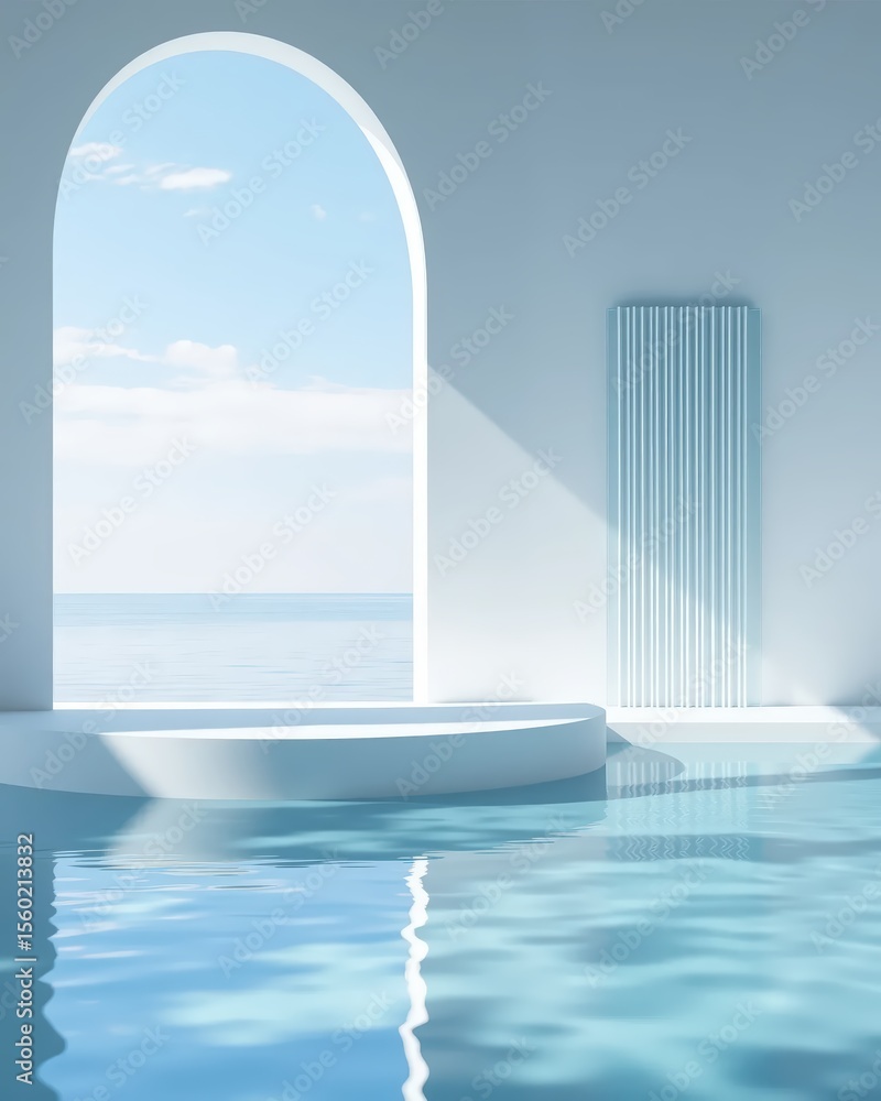 Fototapeta premium 3D rendering of a minimalist product display stage. The window displays a calm sky, a grooved glass panel on the right, and a reflection in the still water.