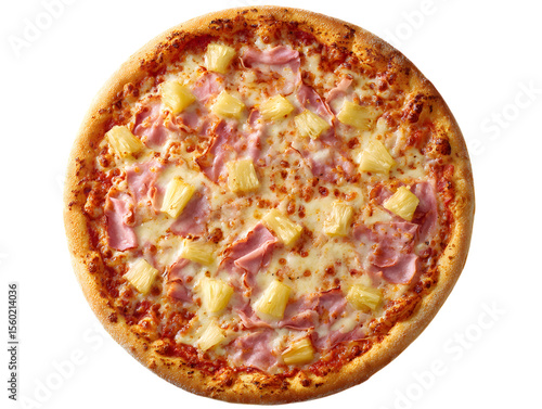 Whole Hawaiian Pizza with Ham and Pineapple Isolated on White Background