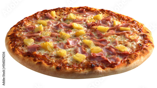 Hawaiian Pizza with Ham and Pineapple Topping Angled View Isolated on White Background