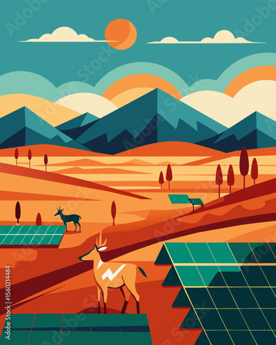 A vast expanse of wild grasslands where solar panels line the fences and power the ranger stations that protect the roaming herds of endangered antelope.. Vector illustration