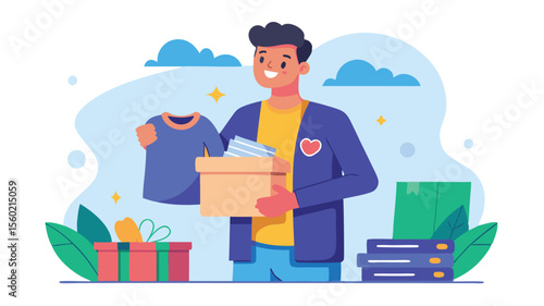 Clothing donation concept with man holding box with clothes. Template for banner or poster design. Vector illustration