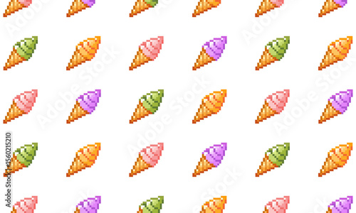 Seamless Pixel Art Ice Cream Pattern. Grape, Strawberry, Matcha and Orange Flavors for Summer Wallpaper and Crafts