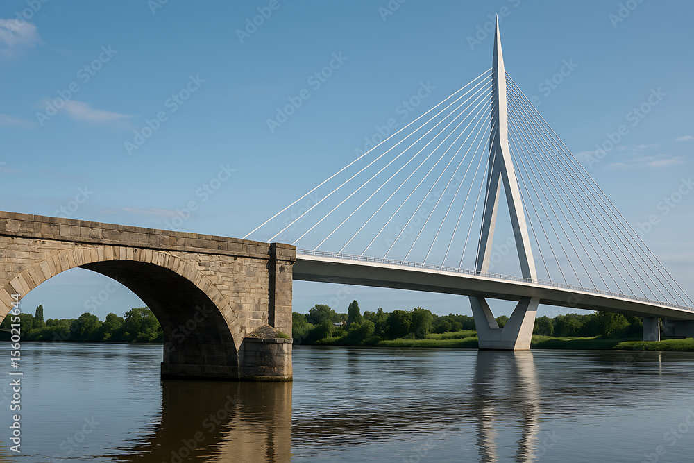 Naklejka premium Explore the modern cable stayed bridge and historic stone arch bridge over the river in france today