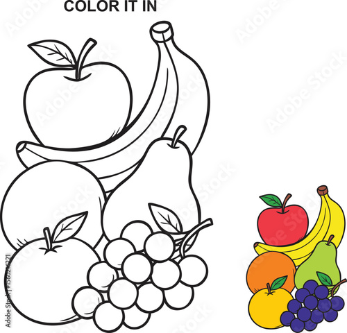 Coloring page featuring a variety of fruits including apples bananas pears grapes and oranges