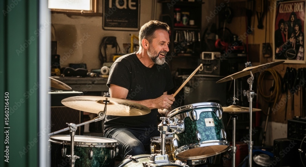 Obraz premium Passionate Middle-Aged Drummer Playing Drums in Garage Studio