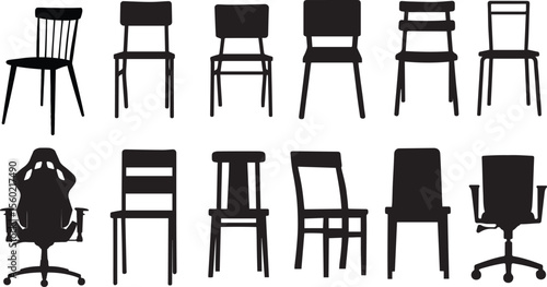 Diverse set of black chair silhouettes, featuring various styles from classic dining to modern office and gaming chairs, perfect for interior design, furniture, and architectural projects

