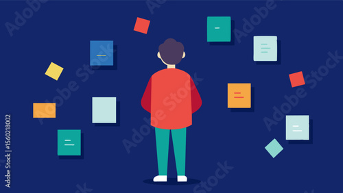 A person standing in front of the wall trying to recall a memory by looking at the photos and notes.. Vector illustration