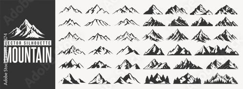 Vector mountain silhouette, forest hill peak line art and nature background idea collection for summer or winter camping, hiking and travel business. Mountain icon and logo pattern with christmas tree