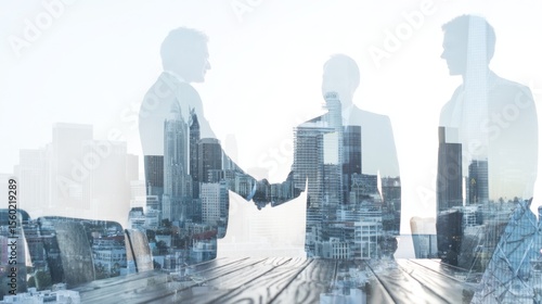 Silhouetted businessmen shaking hands in a double-exposure urban cityscape with high-rise buildings, wooden table, and a professional, dreamy atmosphere.