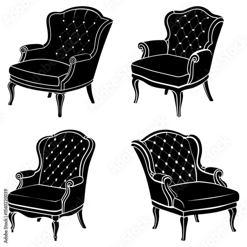 Four black and white silhouette illustrations of elegant wingback armchairs with tufted backs and ornate legs