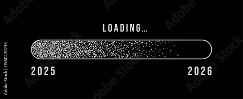 2026 Happy New Year Background. Loading bar with flowing silver dots particles on black background . Vector Illustration for New Year 2026 greeting card, banner, poster, flyer festive design.