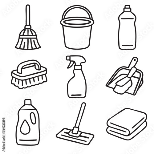 Cleaning tools and supplies including broom, bucket, spray bottle, and cloth evoke sense