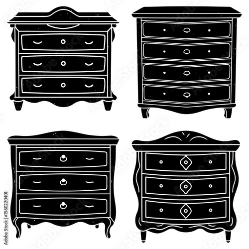 Illustration of four antique chest of drawers with different designs in black and white color scheme