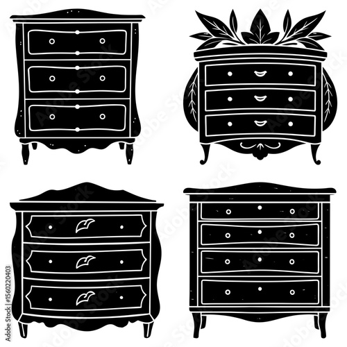 Four vintage style black dressers with multiple drawers and decorative details in a vector illustration