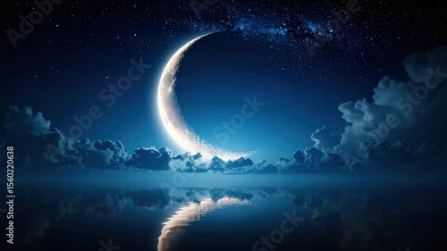 A serene crescent moon reflecting on the calm water surface. The night sky is clear and sprinkled with stars and clouds, evokes a sense of peace and beauty.