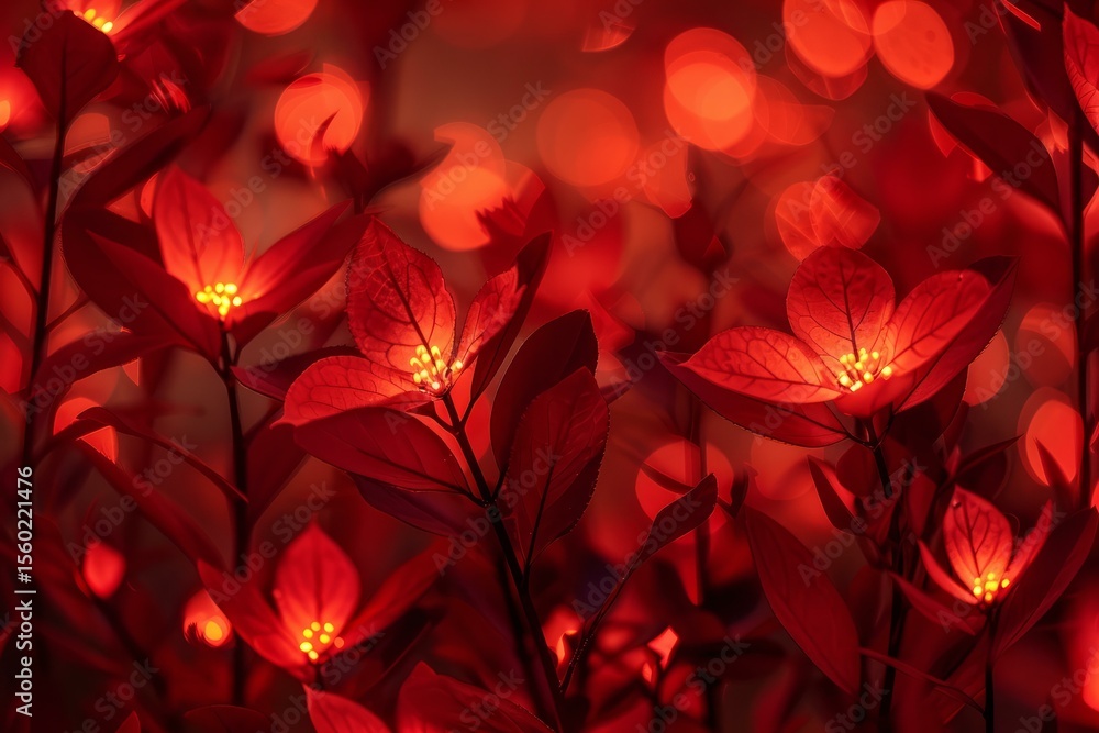 Red flowers blooming at night, illuminated by warm bokeh lights, creating a romantic and festive atmosphere Red flowers blooming at night, illuminated by warm bokeh lights, creating a romantic and festive atmosphere