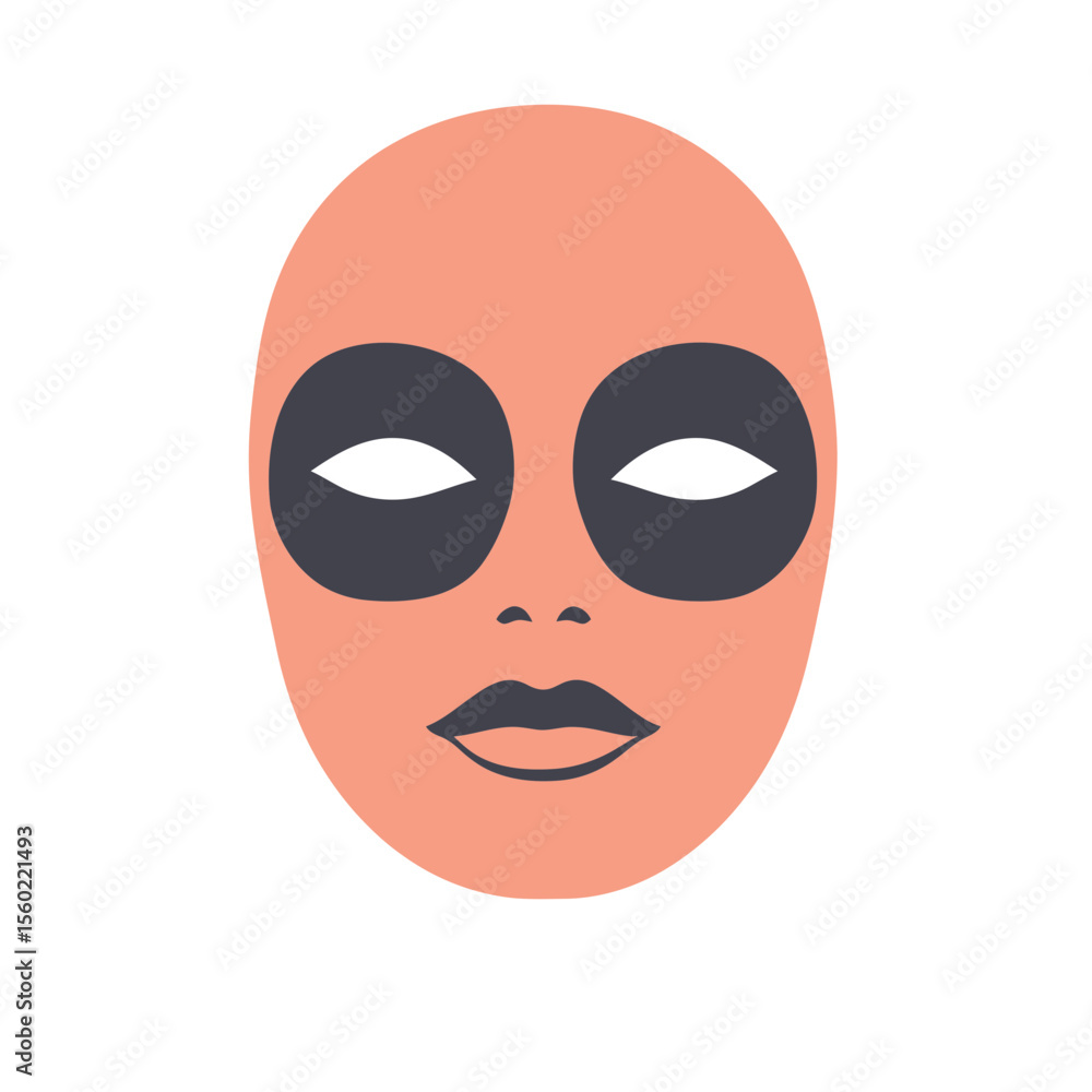 Minimalist flat vector illustration of facial mask with black eye patches and lips makeup on peach colored face silhouette isolated on white background for skincare concept design Minimalist flat vector illustration of facial mask with black eye patches and lips makeup on peach colored face silhouette isolated on white background for skincare concept design