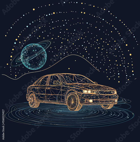 Futuristic wireframe sedan car surrounded by abstract circular patterns and starry space with planet and constellation elements in digital vector style