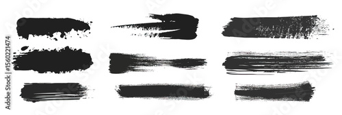 Set of eight black grunge brush stroke banners and textured paint stripes isolated on white background with distressed rough edges and varying paint density vector illustration