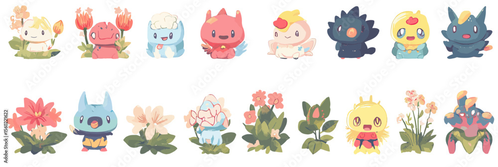 Obraz premium Mega set of cute chibi monster characters with flower and plant elements in flat minimalist colorful vector style for kids and gaming design collection