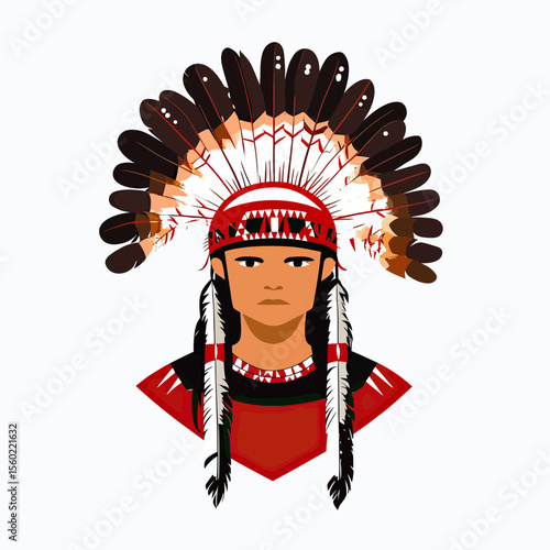 Native American chief portrait with traditional feathered war bonnet and red ceremonial clothing flat vector illustration isolated on white background