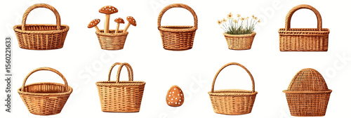 Set of wicker baskets with and without handles, rustic woven containers, square and round shapes, including baskets with mushrooms, flowers, and empty styles in flat cartoon vector design